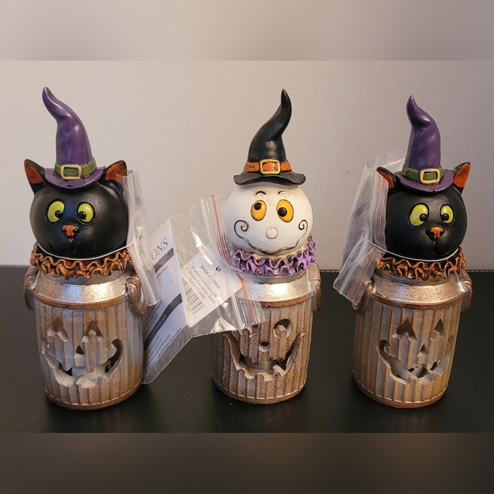 3 Gerson Intl Halloween Trash Can Light Up 2 Black Cats 1 Ghost Figures NWT